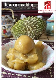 durian mooncake filling in a white bowl