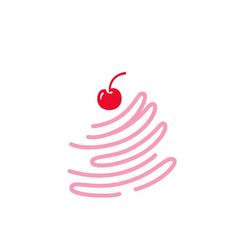 a cherry sitting on top of a white surface next to a pink spiral line design