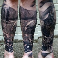 an eagle and american flag tattoo on the legs of a man with his feet covered in tattoos