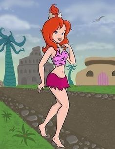 a cartoon girl with red hair is walking down the road