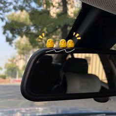 two little yellow birds sitting on top of a car mirror