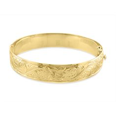 65154 - 14K Yellow Gold - 12mm Hawaiian Heirloom Royal Scroll-Around Hinged Bracelet Classic 14k Gold Bracelets With Intricate Design, Classic Gold Bangle Bracelet With Intricate Design, Classic Gold Bracelet With Intricate Design, Classic Gold Bangle With Intricate Design, Classic Ceremonial Bracelet With Intricate Design, Luxury Engraved Bangle For Ceremonial Occasions, Luxury Engraved Round Cuff Bracelet, Luxury Engraved Gold Bracelet For Ceremonial Occasions, Luxury Engraved Bracelets For Ceremonial Occasions