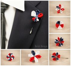 several different pictures of red, white and blue hair bows with pins attached to them