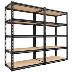 an industrial shelving unit with four shelves on each side and one shelf below it