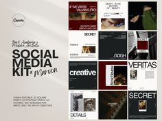 the social media kit is displayed with many different types of images and text on it