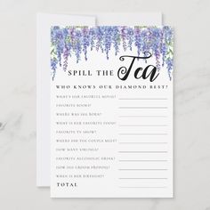 a purple and white floral bridal game with the words spill the tea on it