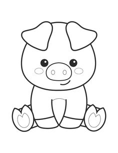 a cartoon pig sitting on the ground with eyes wide open and one eye closed, in black and white