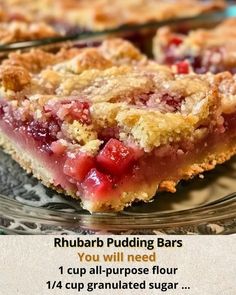 a piece of rhubarb pudding bars on a glass plate