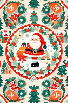 santa claus is surrounded by christmas trees and other holiday decorations on a beige background with red accents