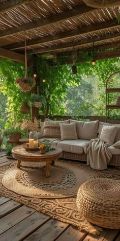 an outdoor living area with wicker furniture and greenery on the roof, surrounded by wood planks