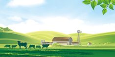 a farm scene with cows and a barn