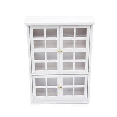 a white cabinet with glass doors on the front and bottom shelves, against a white background