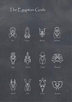 the egyptian gods written in white chalk on a blackboard with an illustration of their symbols