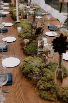 a long wooden table covered in lots of green plants and vases filled with flowers