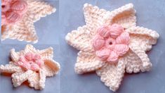 crocheted flowers are shown on top of each other, and one is pink