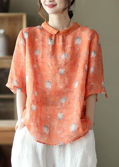 Diy Orange Print Ramie Half Sleeve Shirt Summer Half Sleeve Shirt, Boat Neck Top, Half Sleeve Shirts, Orange Print, Half Sleeve Tops, 자수 디자인, Linen Maxi Dress, Comfortable Room, Loose Shirts