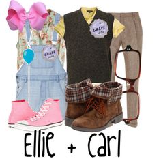 two pairs of clothing and glasses with the words ellie + carl on them