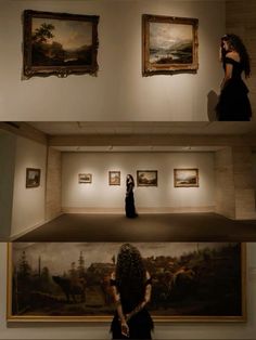 two women looking at paintings in an art gallery, one with her back to the camera