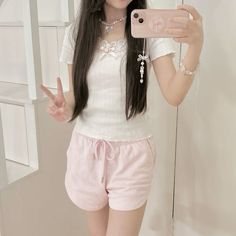 #coquette #outfit #style #wonyoungism #pink | cr: @jorginakei Wonyoung Aesthetic Outfit, Coquette Outfits Aesthetic Pink, Shojo Girl Outfit, Casual At Home Outfits, Shoujo Girl Outfit, Shoujo Lifestyle, Dollette Outfits