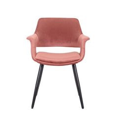 an upholstered pink chair with black legs and armrests, against a white background