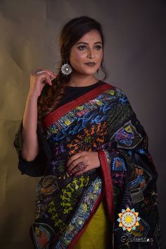 This Indian ethnic sari is an exquisite combination of Madhubani and Worli style painting on a soothing Mix colour Dye with AN UNIQUE DESIGN Madhubani and Worli painting, where Matsya avatar of Lord Krishna by Madhubani art is presented on Pallu. Madhubani painting is done with help of nib pens, twigs, by using Fabric colours and pigments. Madhubani art was created centuries ago by women of Mithila region of the Indian subcontinent. Earlier it was done on fresh mud walls but now it is also done Matsya Avatar, Worli Painting, Kantha Sarees, Indian Subcontinent, Mix Colour, Madhubani Art, Madhubani Painting, Silk Sari, Hand Painting