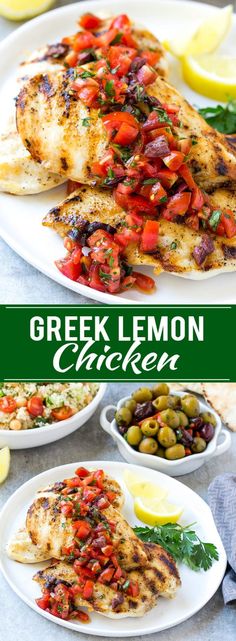 greek lemon chicken with olives and tomatoes on a white plate