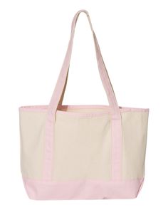 a pink and white tote bag on a white background