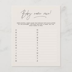 a printable baby name game with letters and numbers on the front, in black ink