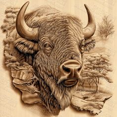 a drawing of a buffalo with trees in the background