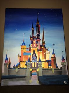 a painting of a castle lit up at night