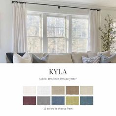 a living room filled with furniture and windows covered in white drapes, along with text that reads kyla fabric