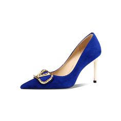 Looking for a pair of show-stopping pumps? Look no further than these royal blue beauties! Made from lush suede. they boast a pointed toe and gold metal details. They're perfect for adding a touch of glamour to any outfit. Whether you're hitting the town or attending a black-tie event. these pumps will have you looking and feeling like a million bucks. So go ahead and treat yourself â€?you deserve it! Upper: Suede Lining: Leather Outsole: TPR Toe: Pointed Toe Closure: Slip on Heel: 8.5cm/3.3'' C Gold Suede Pointed Toe Heels, Chic Royal Blue Pointed Toe Heels, Gold Suede High Heels, Royal Blue Pointed Toe Heels For Evening, Gold Suede Heels For Party, Royal Blue Pumps, Blue Pumps, Black Tie Event, Shoe Size Chart