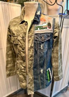 This fun jacket is a size M/L and is machine washable.  Stand out in a crowd and look fabulous. Casual Green Outerwear With Patches, Funky Long Sleeve Outerwear For Fall, Green Denim Outerwear For Fall, Trendy Fitted Outerwear With Patches, Fitted Cotton Outerwear With Patches, Trendy Green Denim Outerwear, Fitted Medium Wash Outerwear With Patches, Green Long Sleeve Denim Outerwear, Green Denim Long Sleeve Outerwear