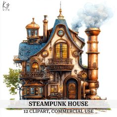 steampunk house clipart, commercial use