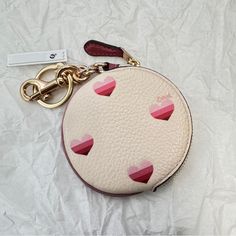 Refined Pebble Leather Zip Closure, Fabric Lining Attached Split Key Ring And Dogleash Clip 3 1/2" (L) X 3 1/2" (H) X 1/2" (W) Style No. Ca044 Welcome Gifts, Coach Accessories, Love Rose, Coin Pouch, Cozy Blankets, Heart Print