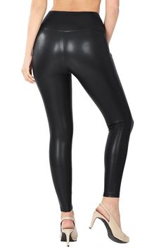 Soft stretchy comfortable wet look faux leather leggings. High waist stylish full length pants that are great for any occasion. Non see through, slim fight with tummy control. 4 way stretch.

 Fabric: 95% Polyester | 5% Spandex 
 Faux Leather Leggings Design 
 4 Way Stretch | High Waist 
 Hand Wash Recommended 
 Lay Flat Measurements: 
Small Length:34.5", Inseam:26", Waist:12"
Medium Length:35.5", Inseam:26", Waist:13" 
 Large Length:36", Inseam:26.5", Waist:14" 
 XL Length:36.5", Inse Full Length Pants, Tulip Skirt, Wet Look, Leggings Design, 4 Way Stretch Fabric, Faux Leather Leggings, Knee Length Skirt, Leather Leggings, Cropped Leggings