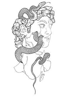 a woman's face with a snake wrapped around her head and flowers in her hair