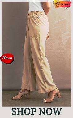 Khaki Drawstring Waist Crinkled Wide Leg Pants Casual Summer Pants With Crinkle Texture, Casual Wrinkled Wide Leg Bottoms, Casual Bottoms With Crinkle Texture For Spring, Leg Pants, Drawstring Waist, Wide Leg Pants, Wide Leg, Pants