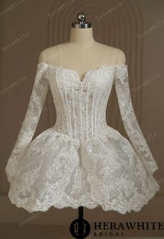 Short Lace Wedding Dress With Long Sleeves – TulleLux Bridal Crowns & Accessories Long Sleeve Engagement Dress, Lace Midi Wedding Dress, White Reception Dress, Wedding Dress Midi, Feminine Softness, Short Lace Wedding Dress, Wedding Dress With Long Sleeves, Midi Wedding Dress, Mini Wedding Dresses