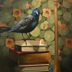 a painting of a blue bird sitting on top of books next to a gold lamp