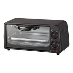 a black toaster oven with its door open