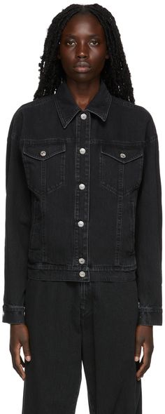 Long sleeve non-stretch denim blazer-style jacket in black. · Peaked lapel collar · Button closure · Flap pockets at waist · Fully lined Available exclusively at SSENSE. Supplier color: Black Black Denim Jacket With Buttons For Work, Black Denim Jacket With Buttoned Pockets For Work, Black Denim Jacket For Work With Button Closure, Black Denim Jacket With Snap Buttons For Work, Black Denim Jacket For Work, Black Denim Jacket For Workwear, Black Denim Jacket With Pockets For Work, Classic Black Denim Jacket For Work, Black Single Breasted Denim Jacket For Work