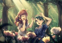 two people standing in the middle of a forest with flowers on their head and one holding his hand up