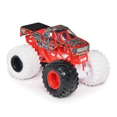 a red monster truck with big wheels on white background