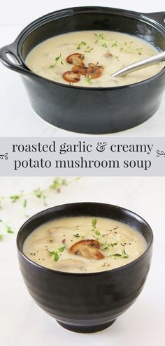 two pictures showing different types of soup in black bowls