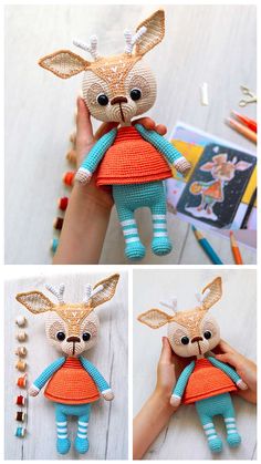 the handmade stuffed animal is wearing an orange dress and striped socks, while holding it in