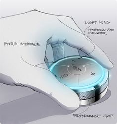 a drawing of a hand holding a device with the light on it's side