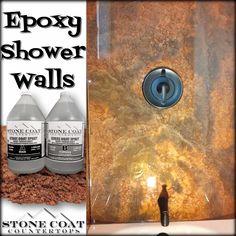 two bottles of epoxy shower walls next to a sink with soap and water