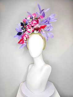 The Hat Doctor From the 2024 Featured Milliner of the Kentucky Derby Museum  kentucky derby hat fascinator yellow rhinestone crystal headband with purple pink blue silk fuchsia flowers and leaves lavender feathers headband attachment  each hat is totally one of a kind! no two are alike! I can probably add feathers, flowers etc to existing hats for a small fee. I cannot remove anything from existing hats. Just message me and see if we can make it work! :) I cannot make custom order from scratch. Purple Feather Headpieces For Spring, Purple Feathered Headpieces For Kentucky Derby, Purple Headpiece With Handmade Flowers For Kentucky Derby, Purple Handmade Flowers Headpiece For Kentucky Derby, Purple Headband For Kentucky Derby, Purple Headpieces For Spring Races, Purple Headband Hats For Kentucky Derby, Lavender Headpieces For Royal Ascot Races, Leopard Wedding