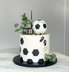 a white and black cake with soccer balls on top, greenery in the middle